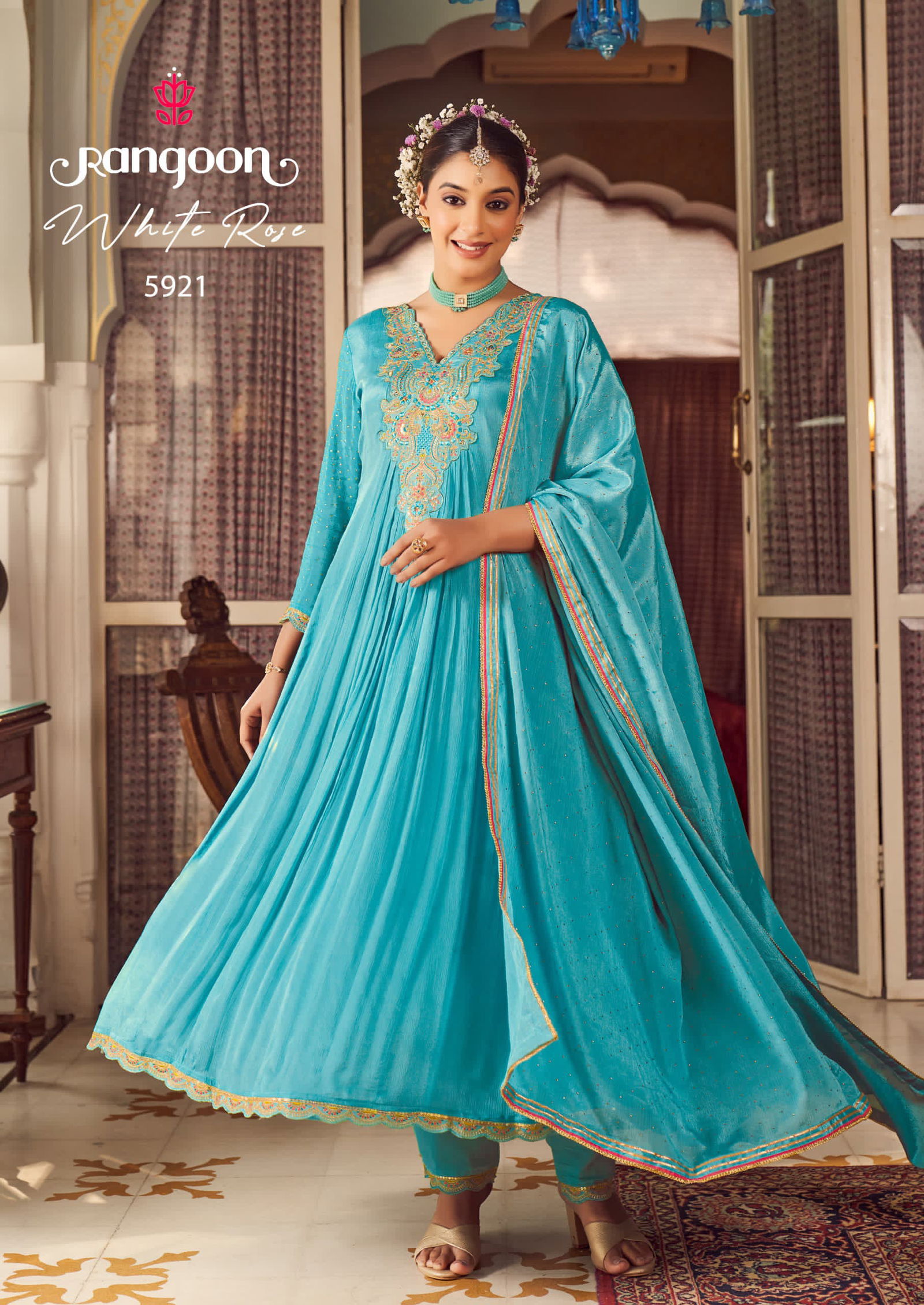 Whiterose By Rangoon Chinon Kurti Bottom With Dupatta Wholesale In India